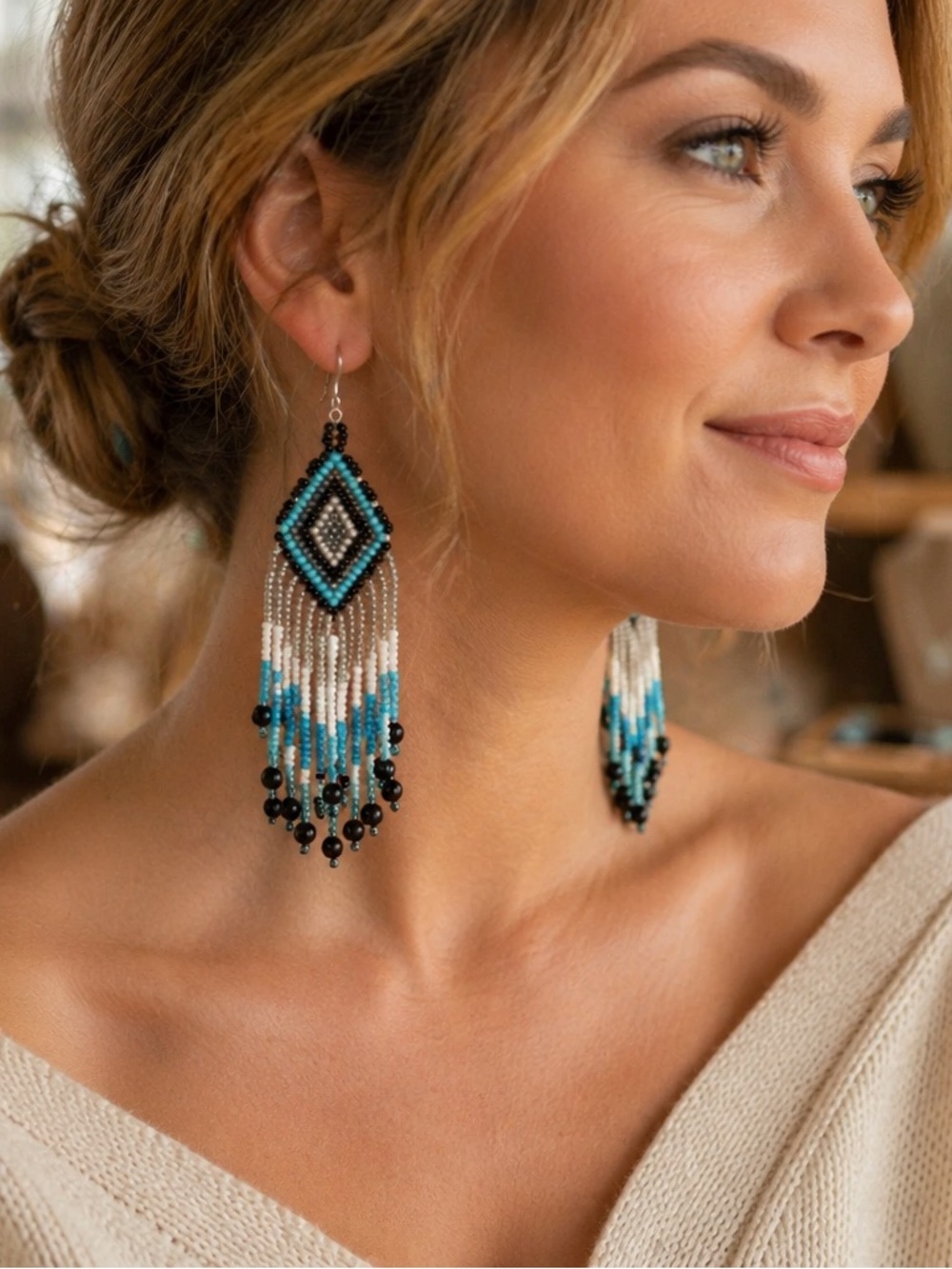 Blue Fringe Earrings Boho Western Cowgirl Beaded Statement Tassel